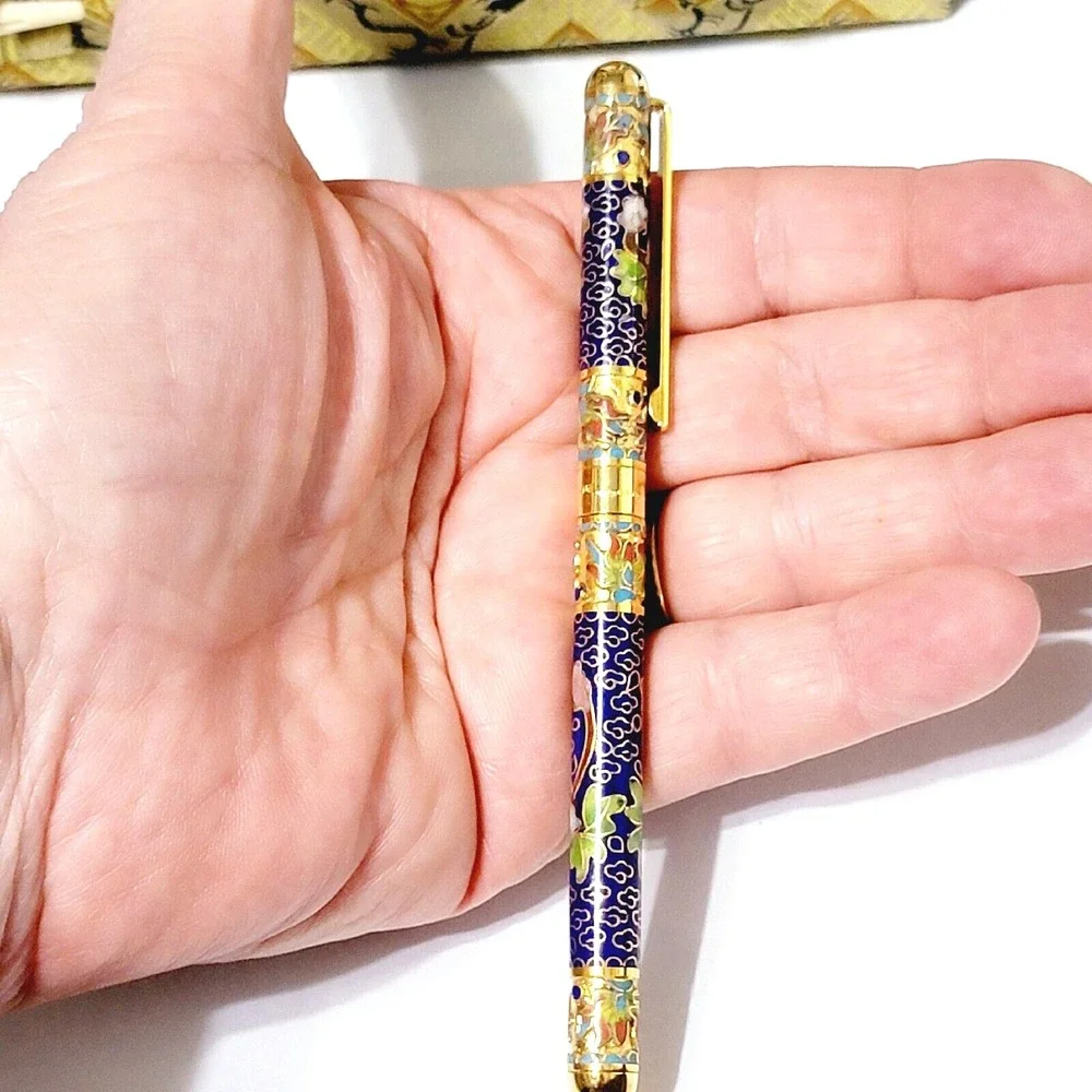 Vintage Blue Ink Pen Floral Cloisonne Retractable Gold Trim Gift Box